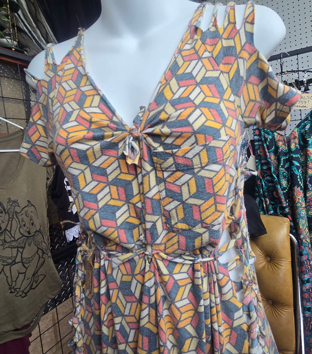 SOLD*** One-of-a-Kind Geometric Lace-Up Festival Dress | Boho Y2K Cutout Dress | Size Large