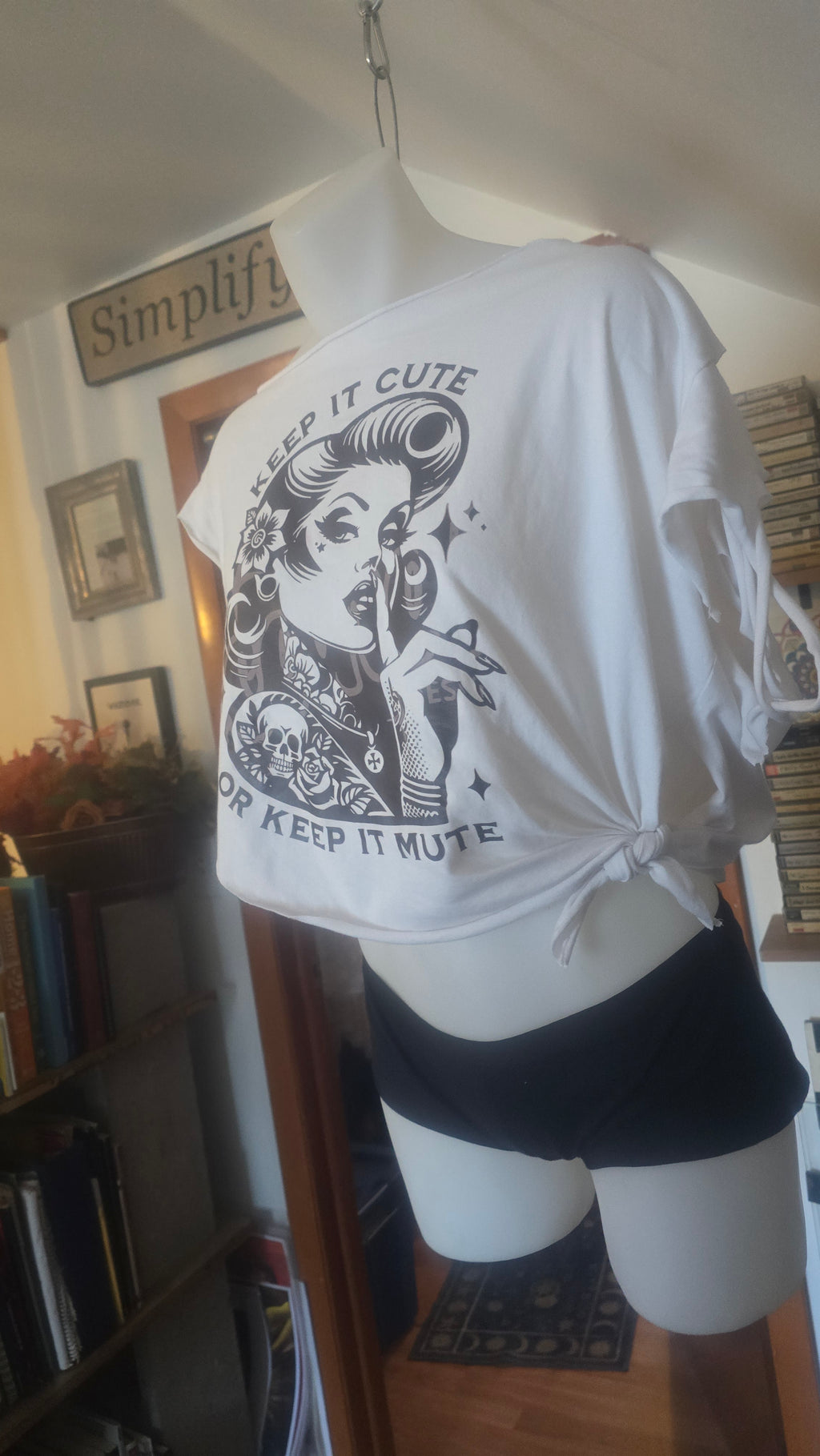 SOLD** Keep It Cute or Keep It Mute Tattoo Pin-Up Crop Tee | Handmade Upcycled Off-Shoulder Rockabilly Top | One-of-One