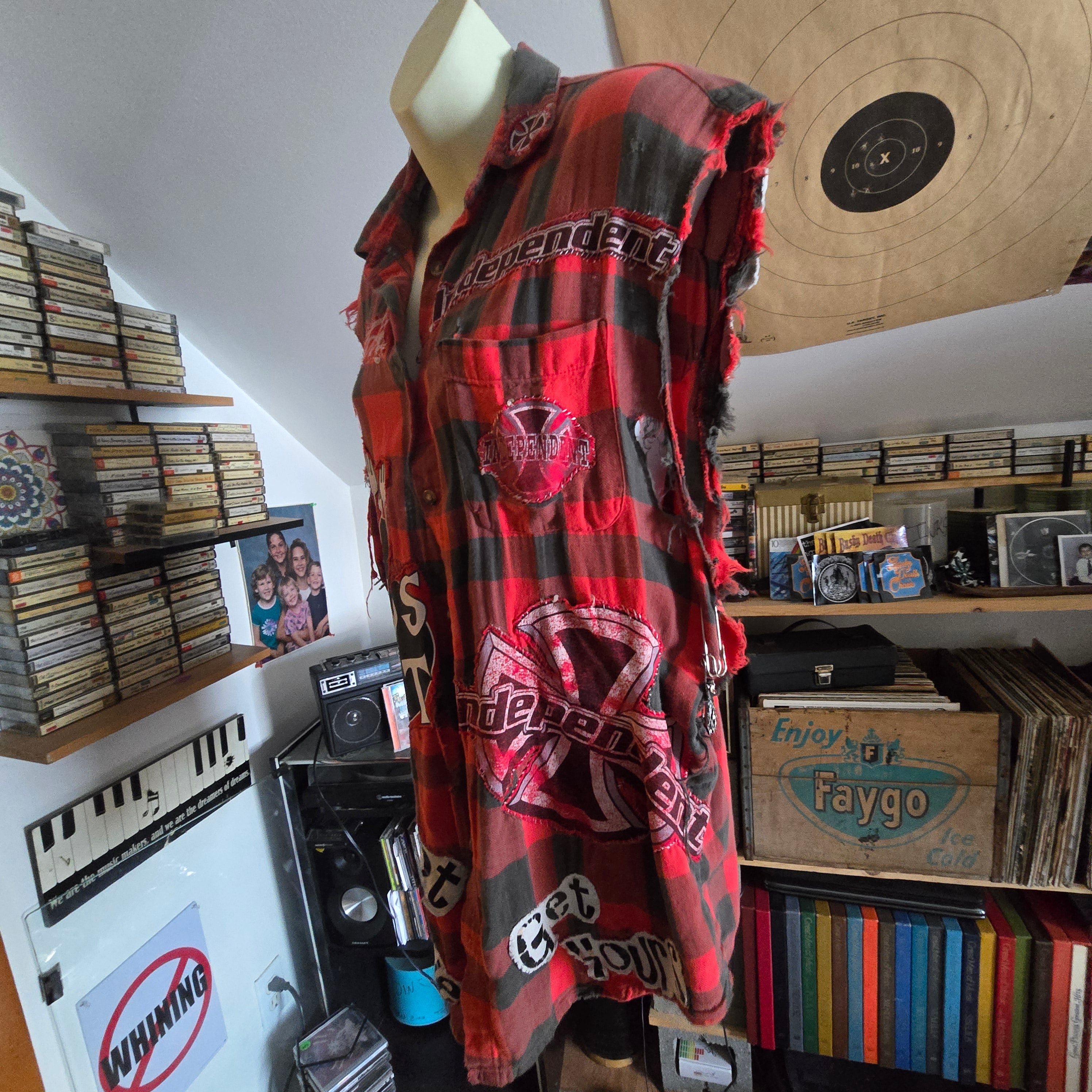One-of-One Punk Patchwork Flannel Vest | Handmade Upcycled Sleeveless Buffalo Plaid Shirt | Oversized Unisex