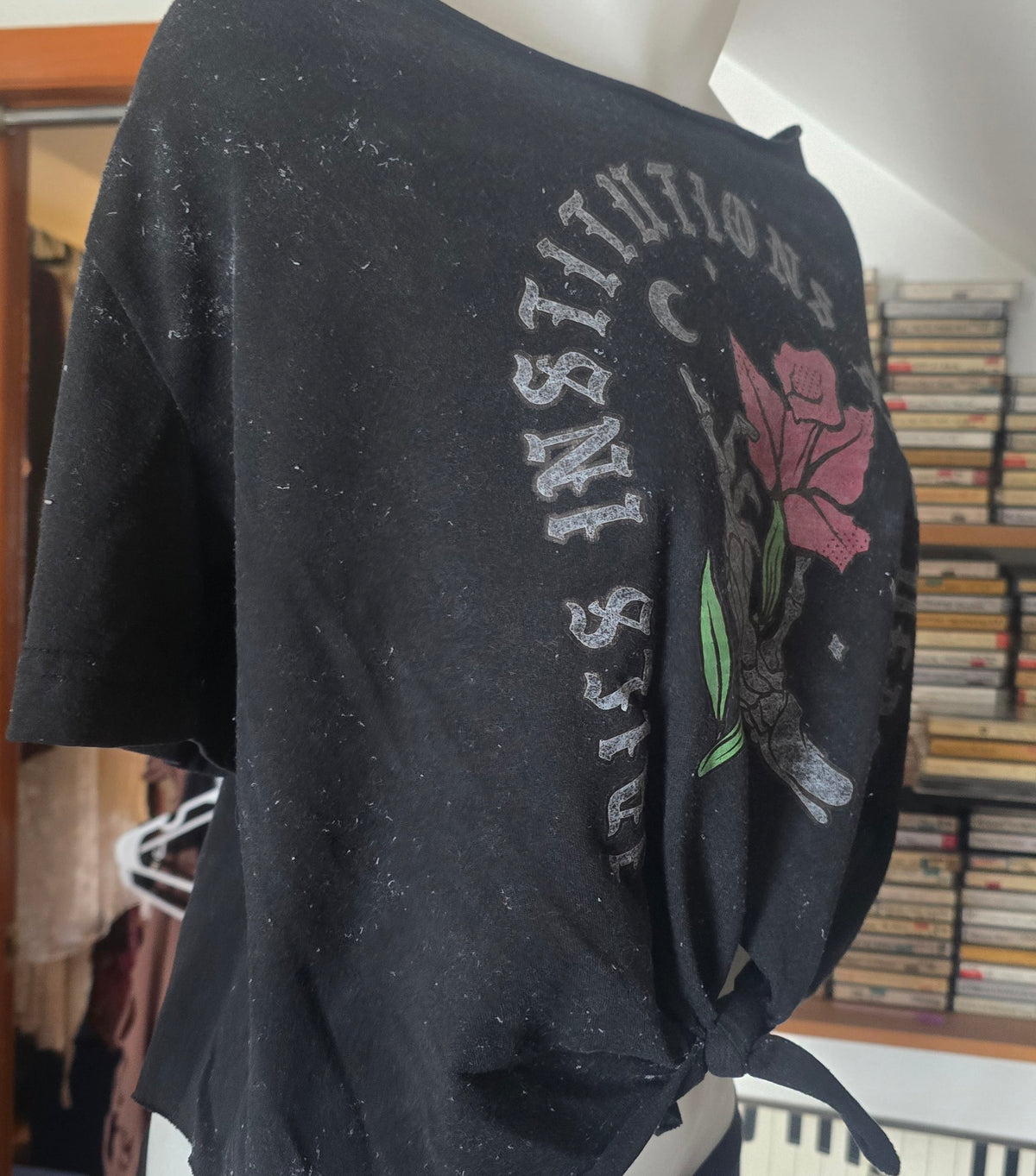 Jails, Institutions & Death Recovery Tee | Upcycled Tie-Front Off-Shoulder Graphic Shirt | M–XL
