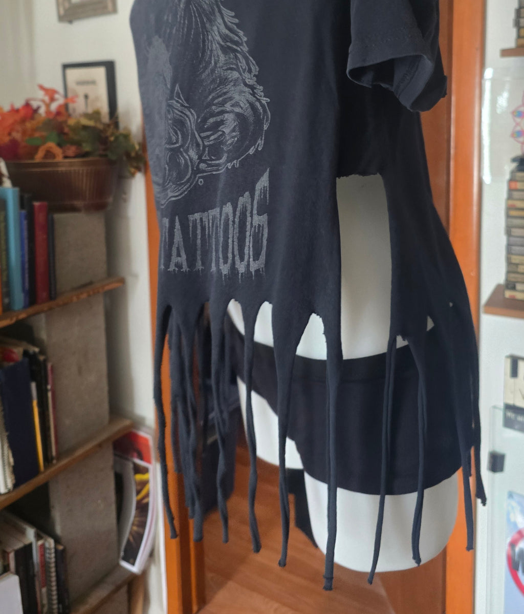 One-of-One Steve Pelkey "Your Head Is a Cake" Tattoo Tee | Upcycled Fringe Gothic Graphic Top | XL