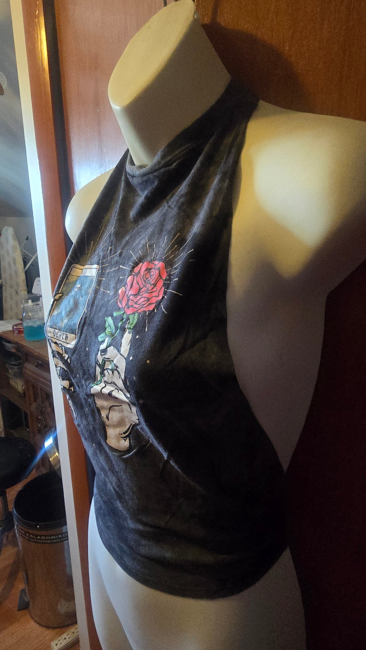 Empyre Death Tarot Halter Top | One-of-a-Kind Reconstructed Graphic Tee | Upcycled Goth Festival Top