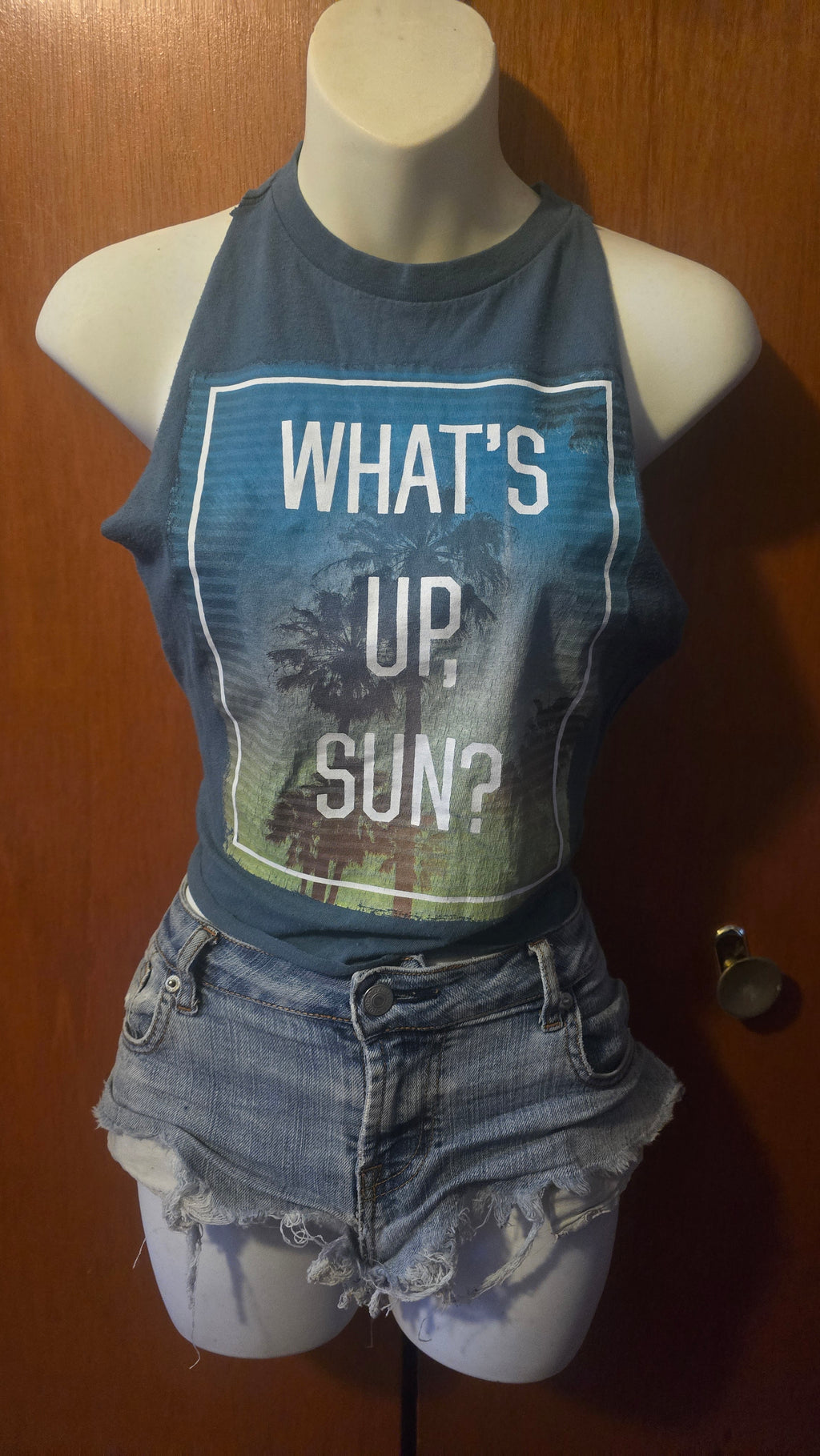 What's Up Sun? Open-Back Halter Tank | One-of-a-Kind Upcycled Graphic Top | Small