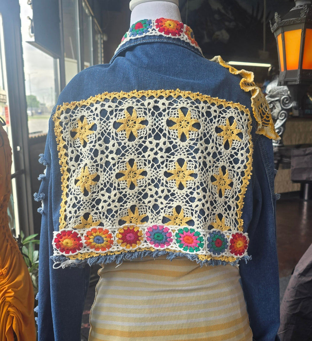 SOLD!!! One-of-One Upcycled Crochet Denim Jacket | Handmade Boho Festival Jacket | XL–2X