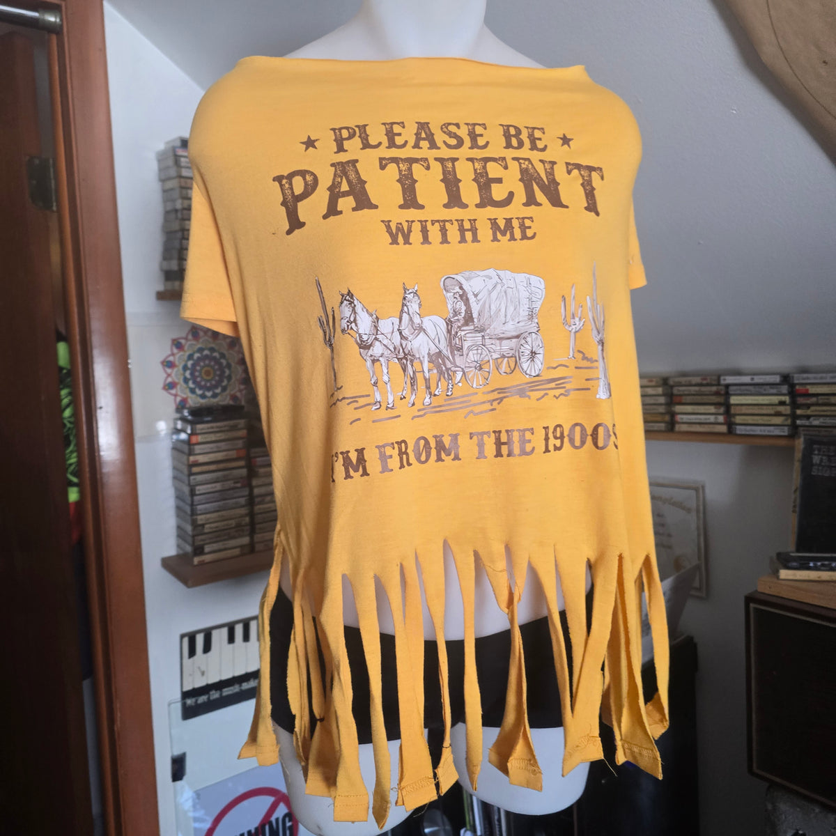 Please Be Patient With Me I'm From the 1900s Fringe Tee | Handmade Upcycled Off-Shoulder Graphic Top | XL–2X