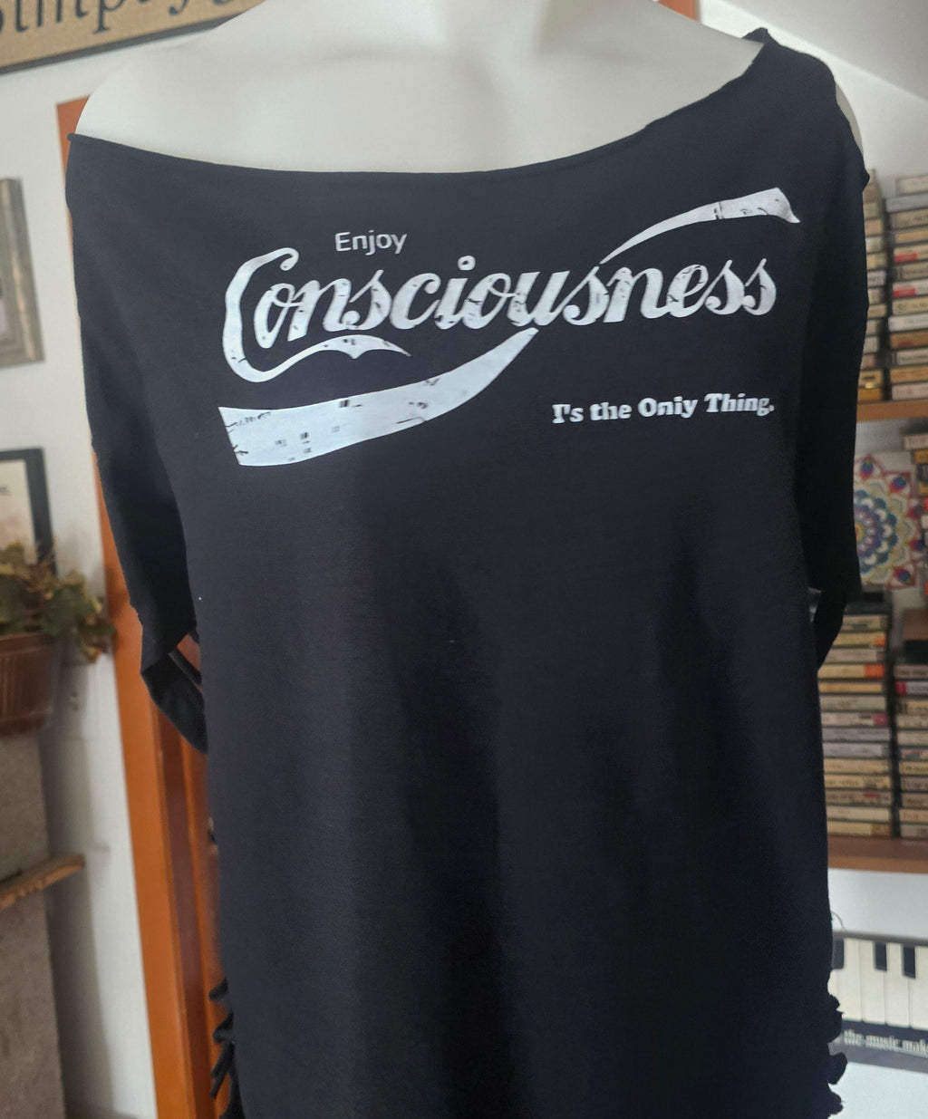 Enjoy Consciousness Tee | Upcycled Off-Shoulder Philosophy Graphic Shirt | XL–2X