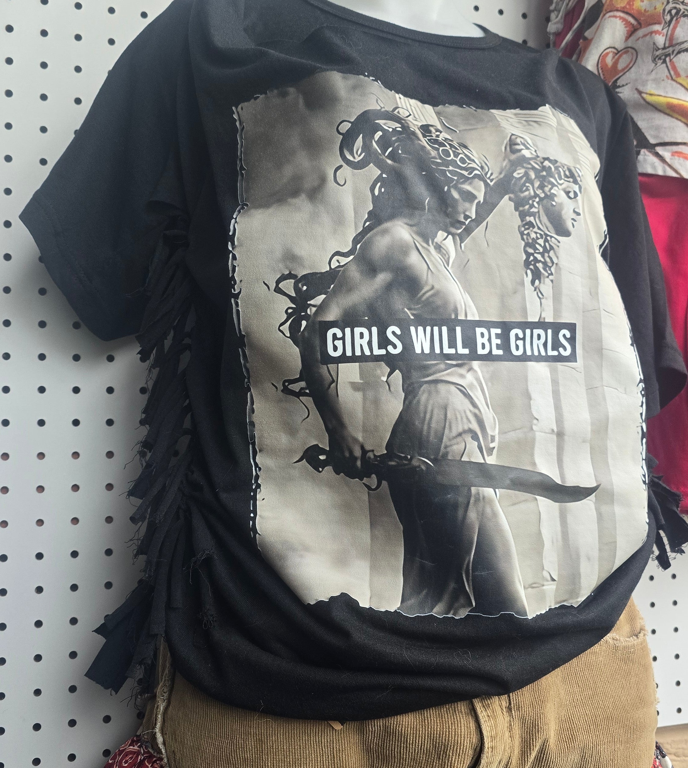 Girls Will Be Girls Medusa Graphic Tee | One-of-a-Kind Upcycled Fringe Back Goth Shirt | XL–2XL