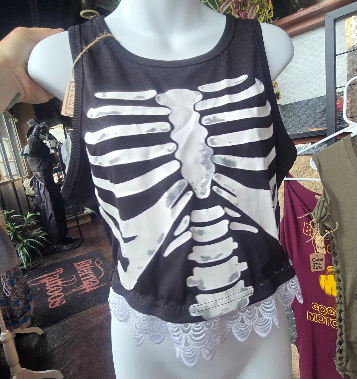 Skeleton Rib Cage Lace Hem Tank Top | Goth Y2K Alternative Crop Tank | Halloween Graphic Top