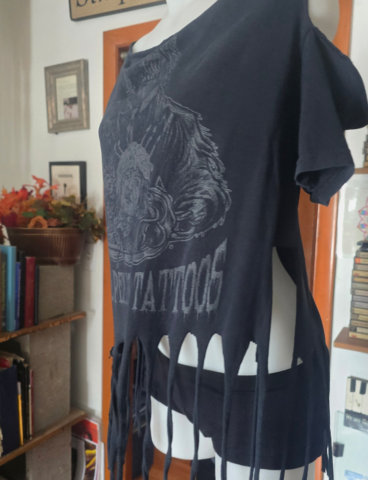 One-of-One Steve Pelkey "Your Head Is a Cake" Tattoo Tee | Upcycled Fringe Gothic Graphic Top | XL