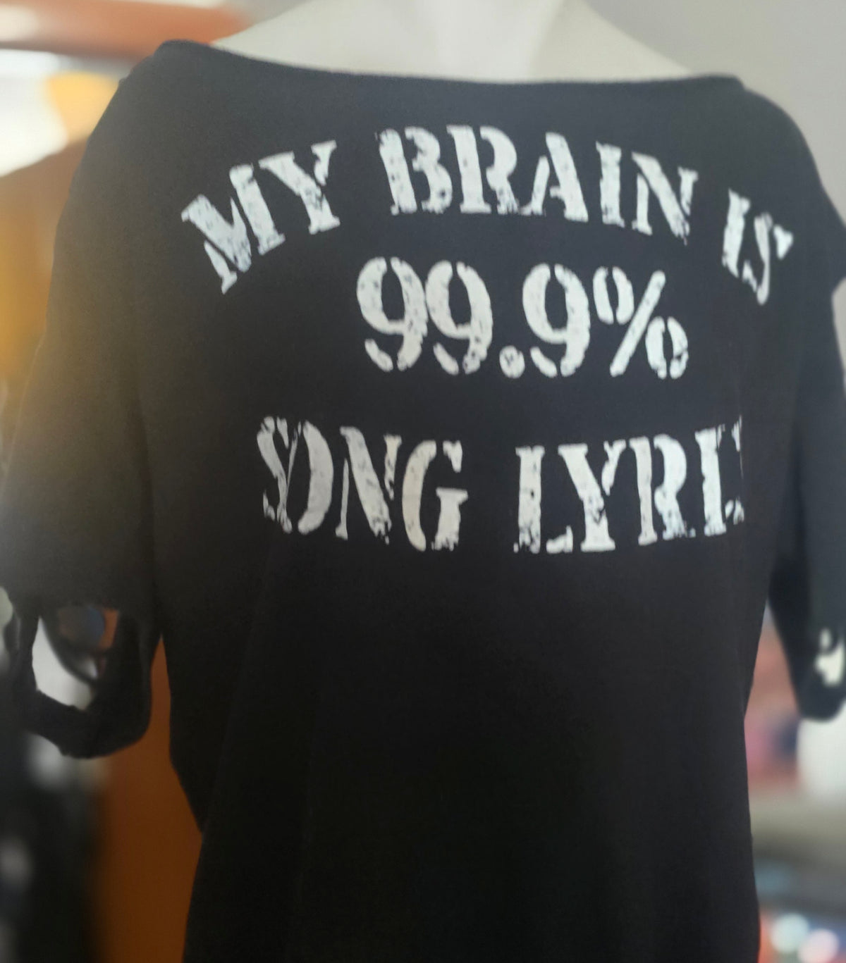 One-of-One "My Brain Is 99.9% Song Lyrics" Upcycled Fringe Tee | Shredded Alternative Graphic Top | XL–2X