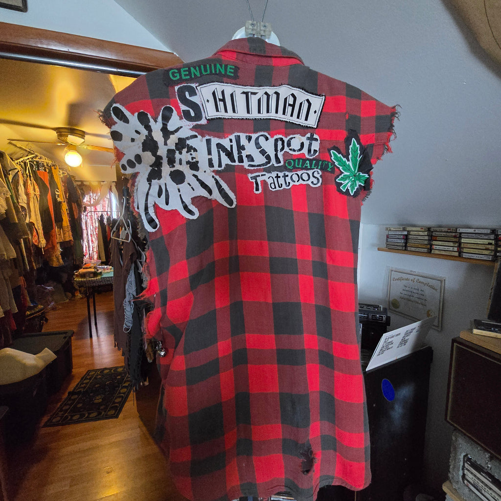 One-of-One Punk Patchwork Flannel Vest | Handmade Upcycled Sleeveless Buffalo Plaid Shirt | Oversized Unisex