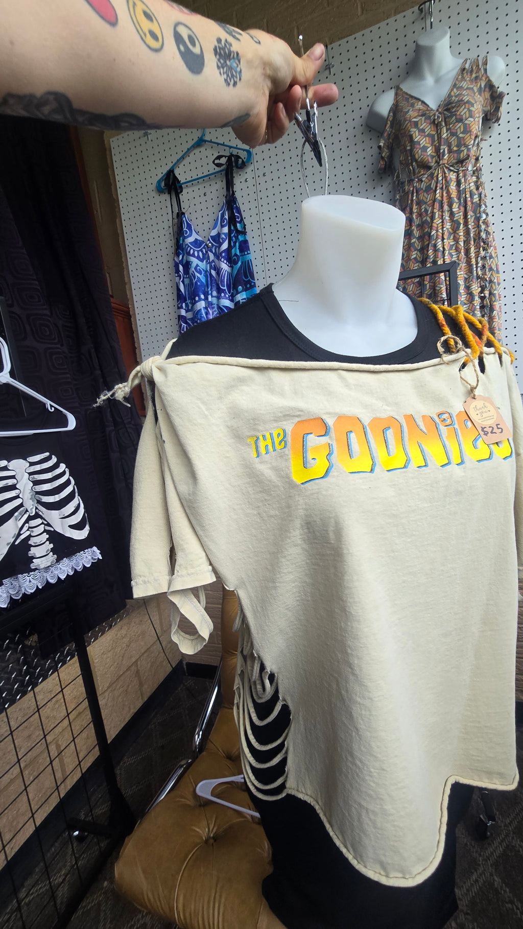 The Goonies Upcycled Off-Shoulder Graphic Tee | One-of-a-Kind Distressed Movie Shirt | Piratecore Grunge Top