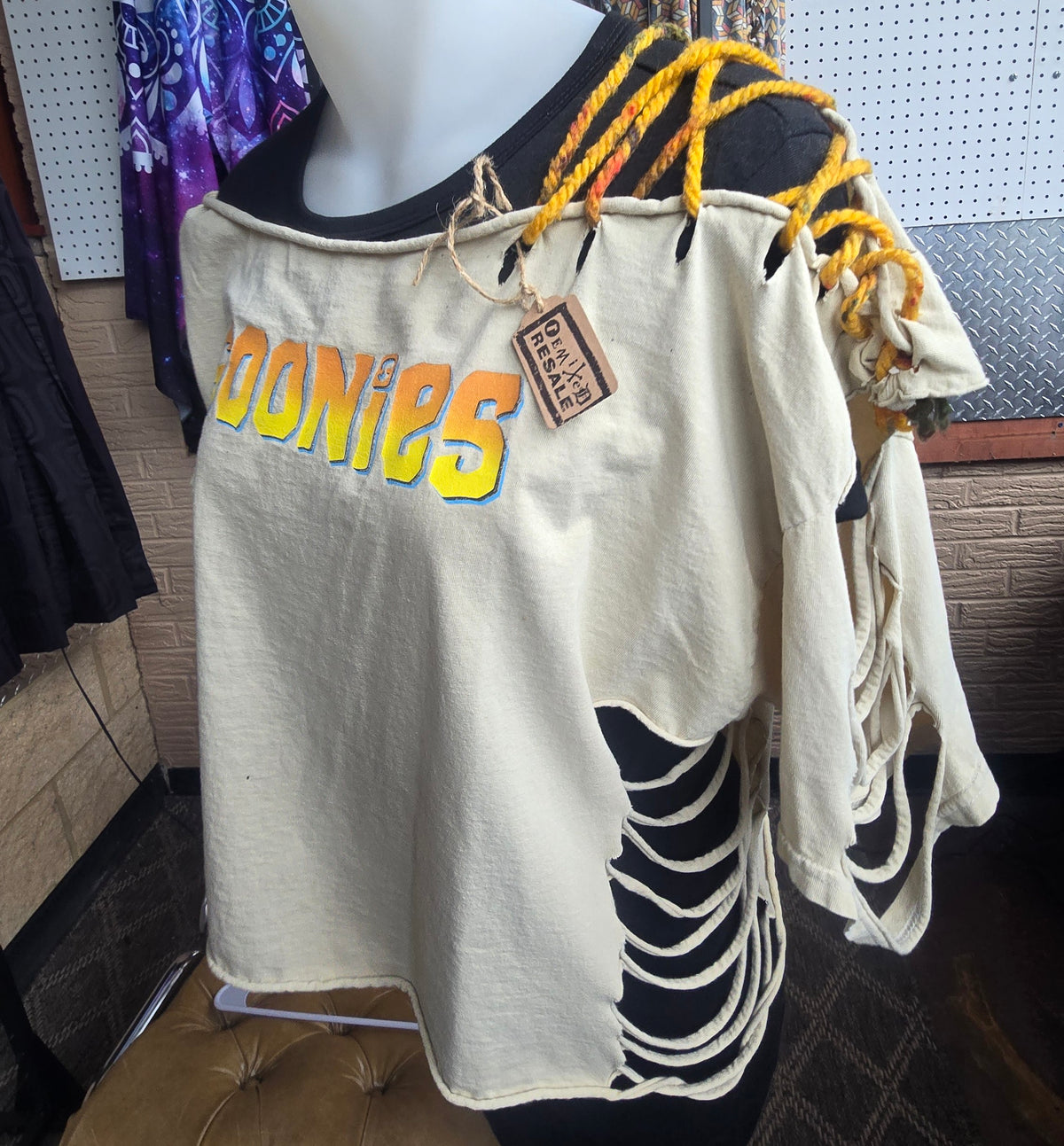 The Goonies Upcycled Off-Shoulder Graphic Tee | One-of-a-Kind Distressed Movie Shirt | Piratecore Grunge Top