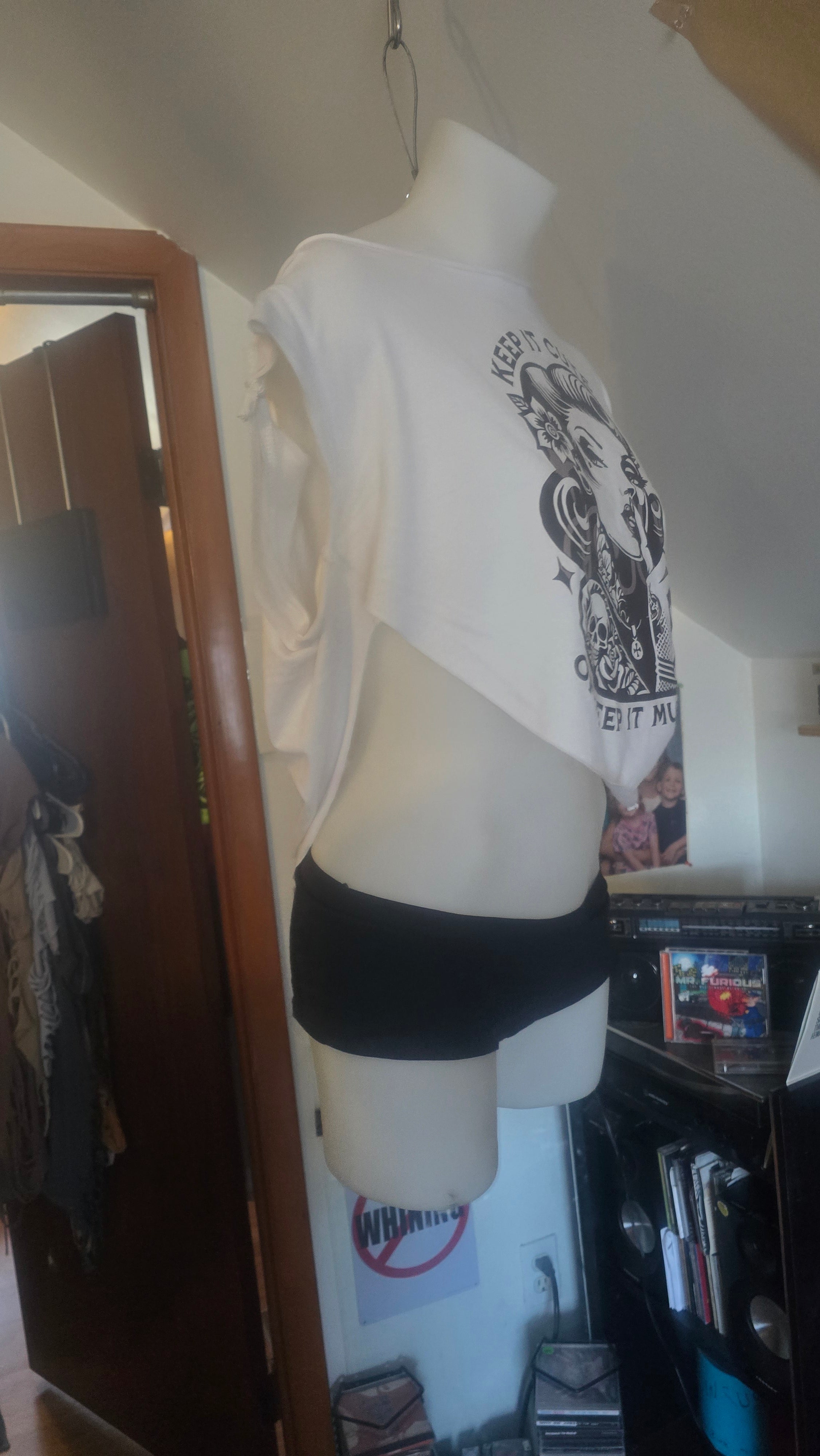 SOLD** Keep It Cute or Keep It Mute Tattoo Pin-Up Crop Tee | Handmade Upcycled Off-Shoulder Rockabilly Top | One-of-One
