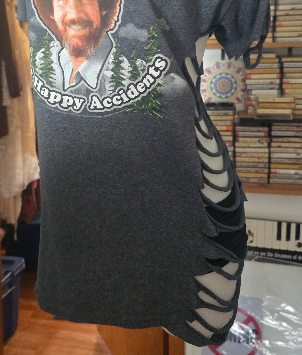 One-of-One Bob Ross "No Mistakes, Just Happy Accidents" Tee | Upcycled Off-Shoulder Graphic Top | XL–2X