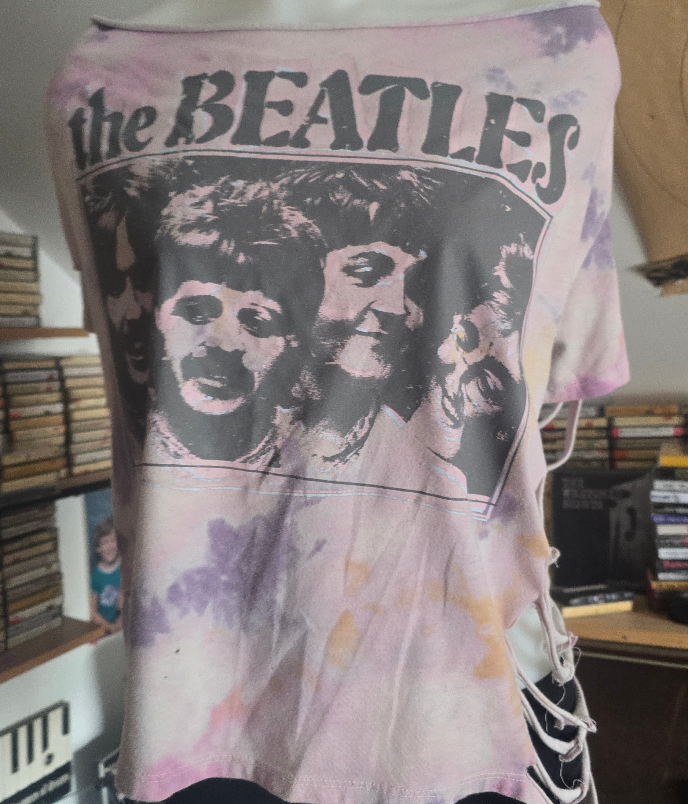 One-of-One Beatles Tie-Dye Band Tee | Upcycled Off-Shoulder Graphic Shirt | XL