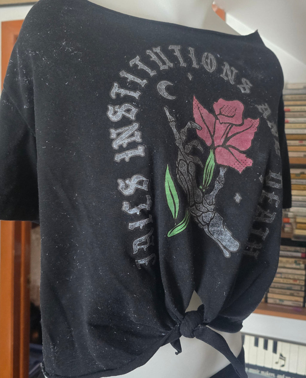 Jails, Institutions & Death Recovery Tee | Upcycled Tie-Front Off-Shoulder Graphic Shirt | M–XL