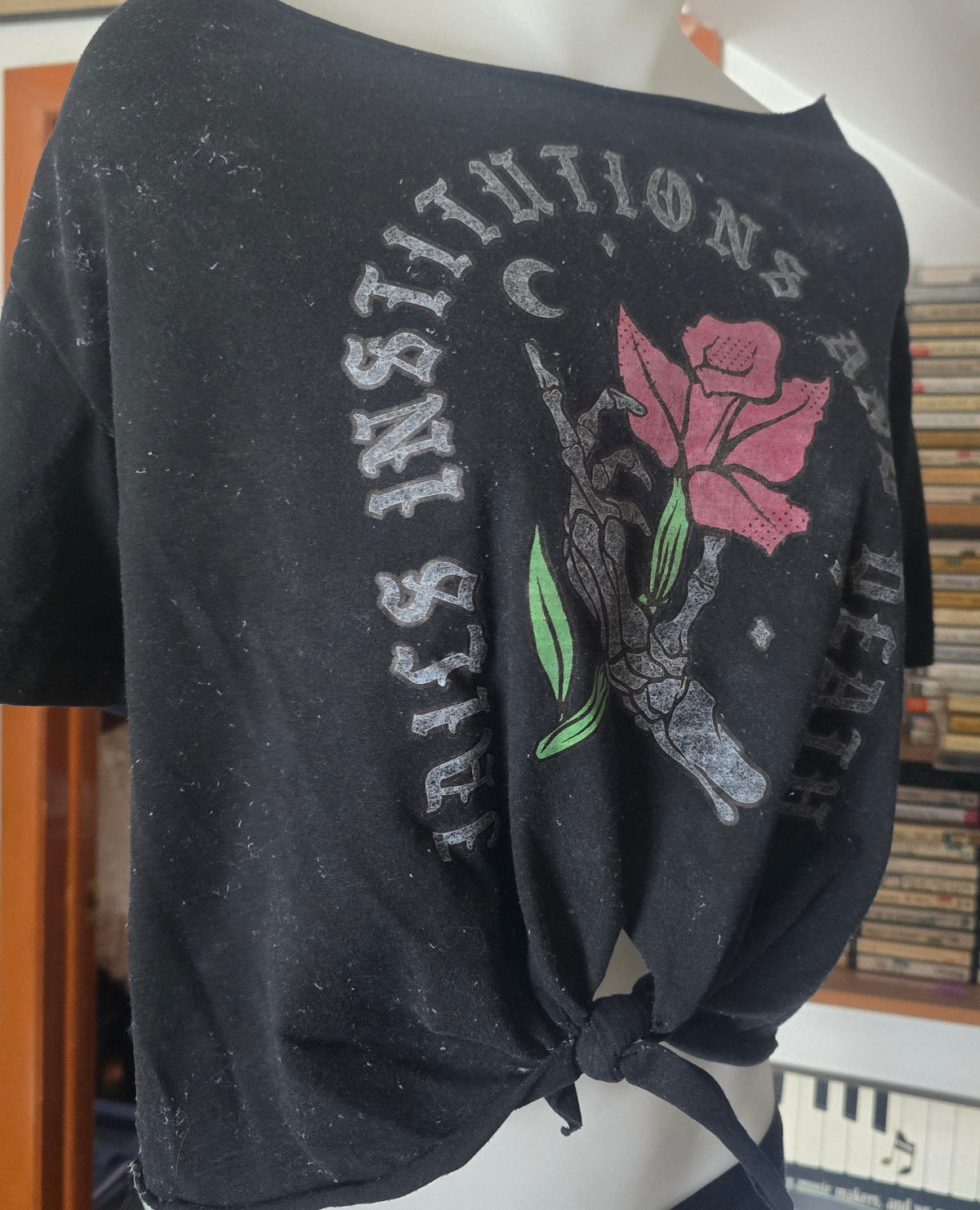 Jails, Institutions & Death Recovery Tee | Upcycled Tie-Front Off-Shoulder Graphic Shirt | M–XL