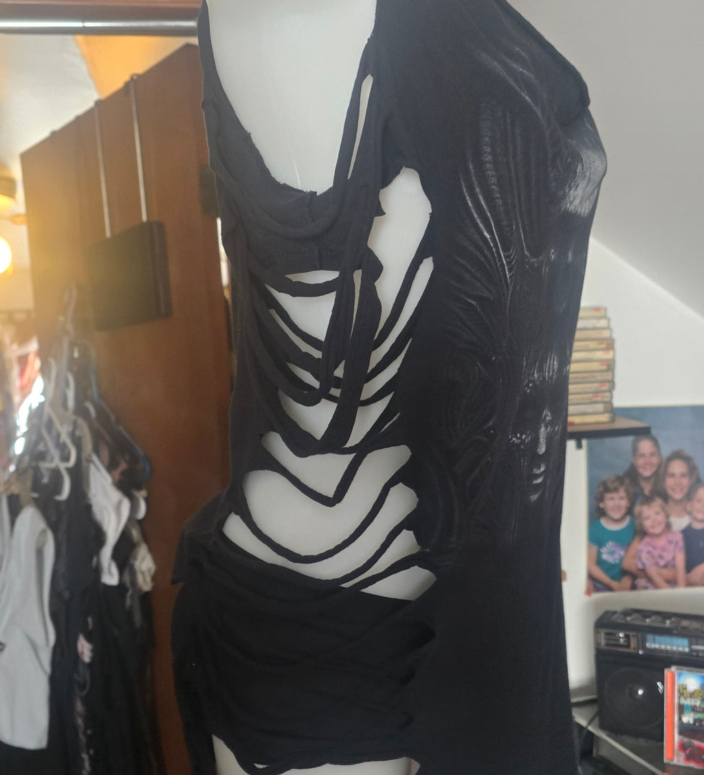 One-of-One Marshall Bennett Tattoo Tee | Upcycled Shredded Gothic Graphic Top | XL
