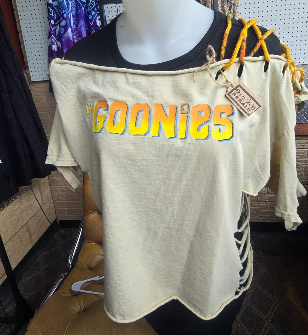 The Goonies Upcycled Off-Shoulder Graphic Tee | One-of-a-Kind Distressed Movie Shirt | Piratecore Grunge Top