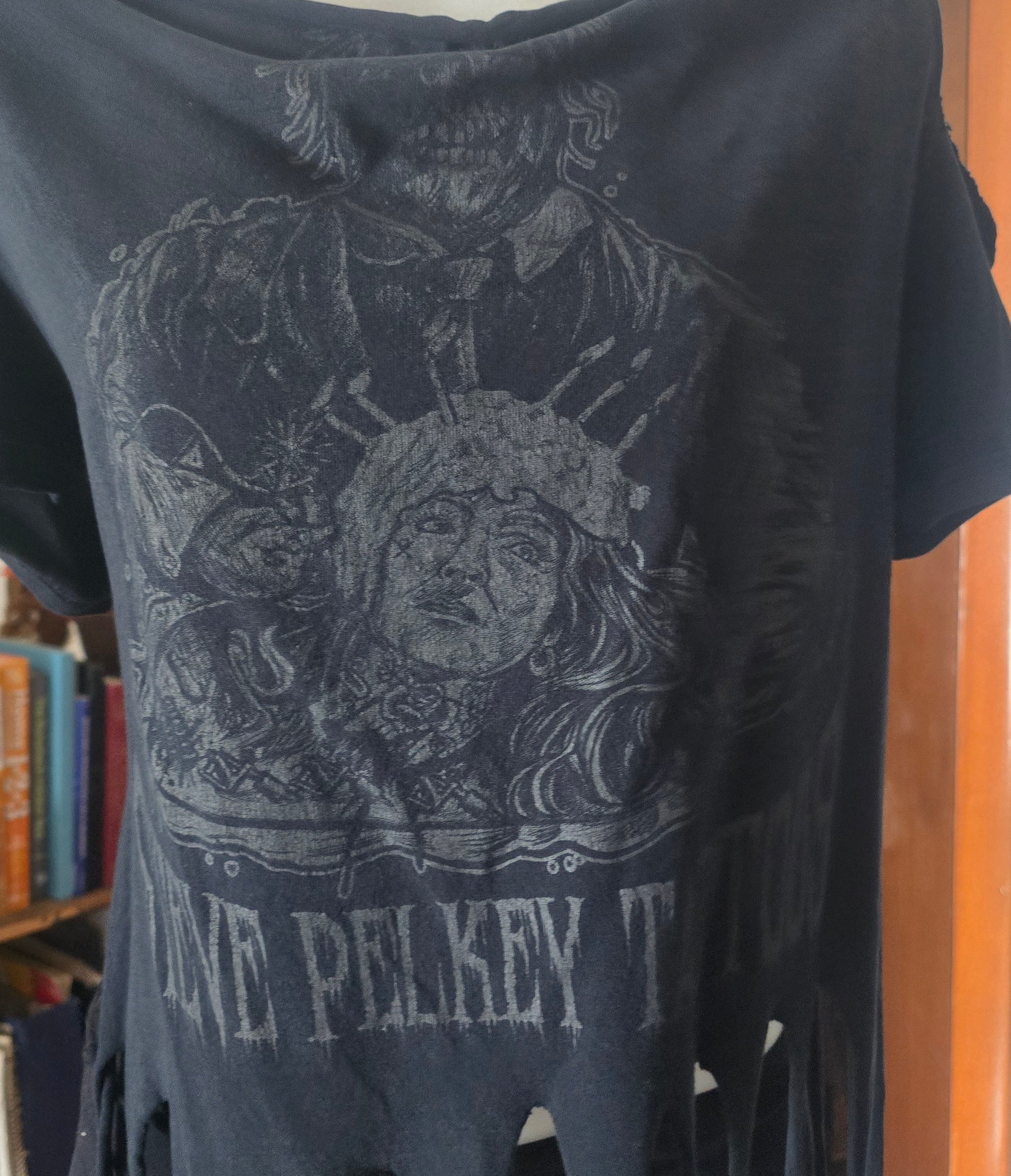 One-of-One Steve Pelkey "Your Head Is a Cake" Tattoo Tee | Upcycled Fringe Gothic Graphic Top | XL