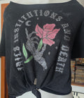 Jails, Institutions & Death Recovery Tee | Upcycled Tie-Front Off-Shoulder Graphic Shirt | M–XL
