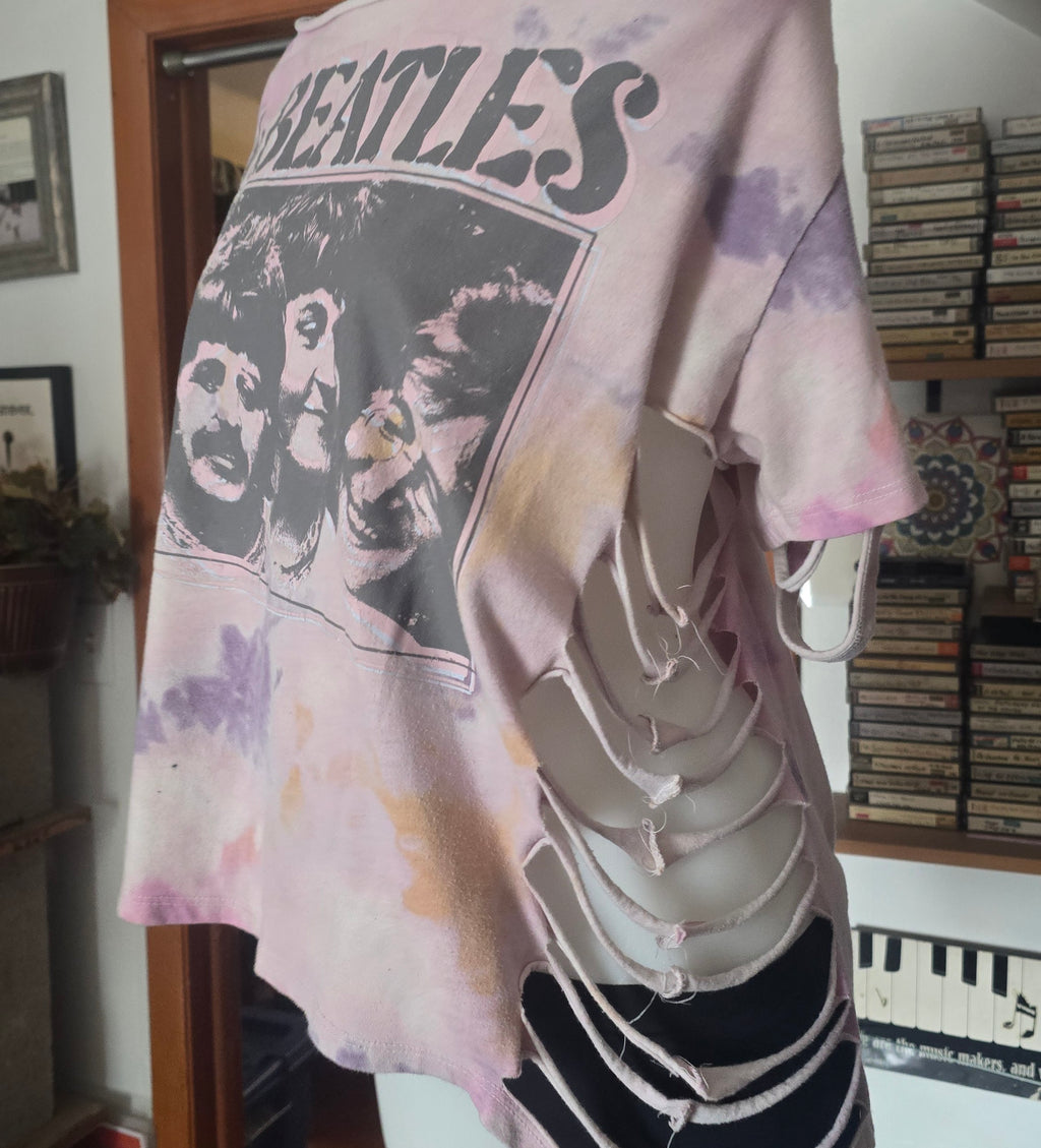 One-of-One Beatles Tie-Dye Band Tee | Upcycled Off-Shoulder Graphic Shirt | XL