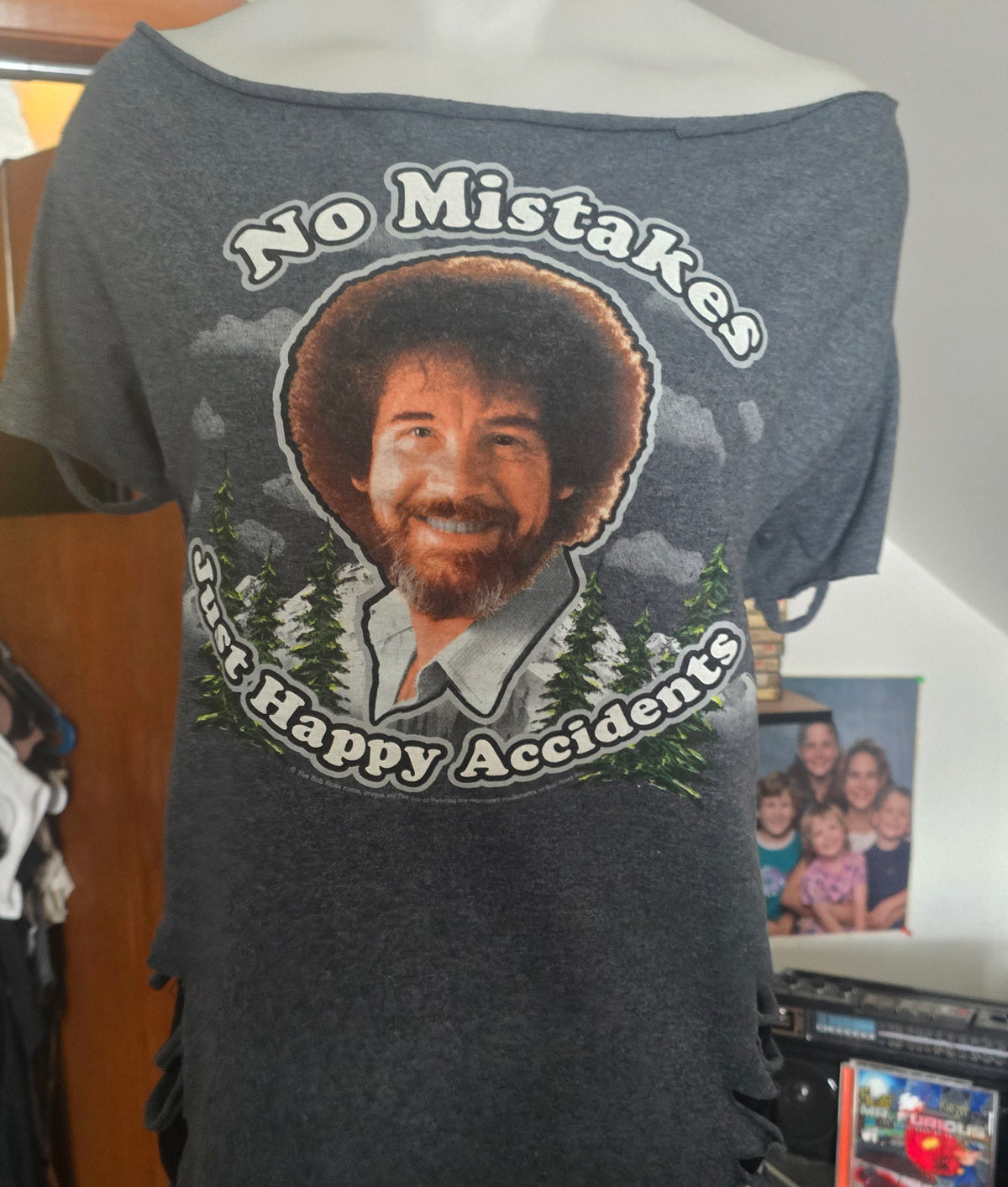 One-of-One Bob Ross "No Mistakes, Just Happy Accidents" Tee | Upcycled Off-Shoulder Graphic Top | XL–2X