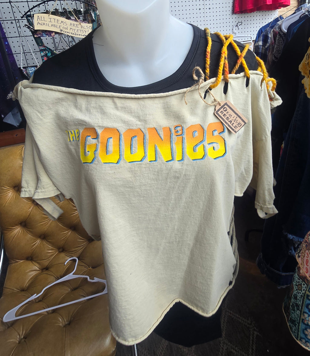 The Goonies Upcycled Off-Shoulder Graphic Tee | One-of-a-Kind Distressed Movie Shirt | Piratecore Grunge Top