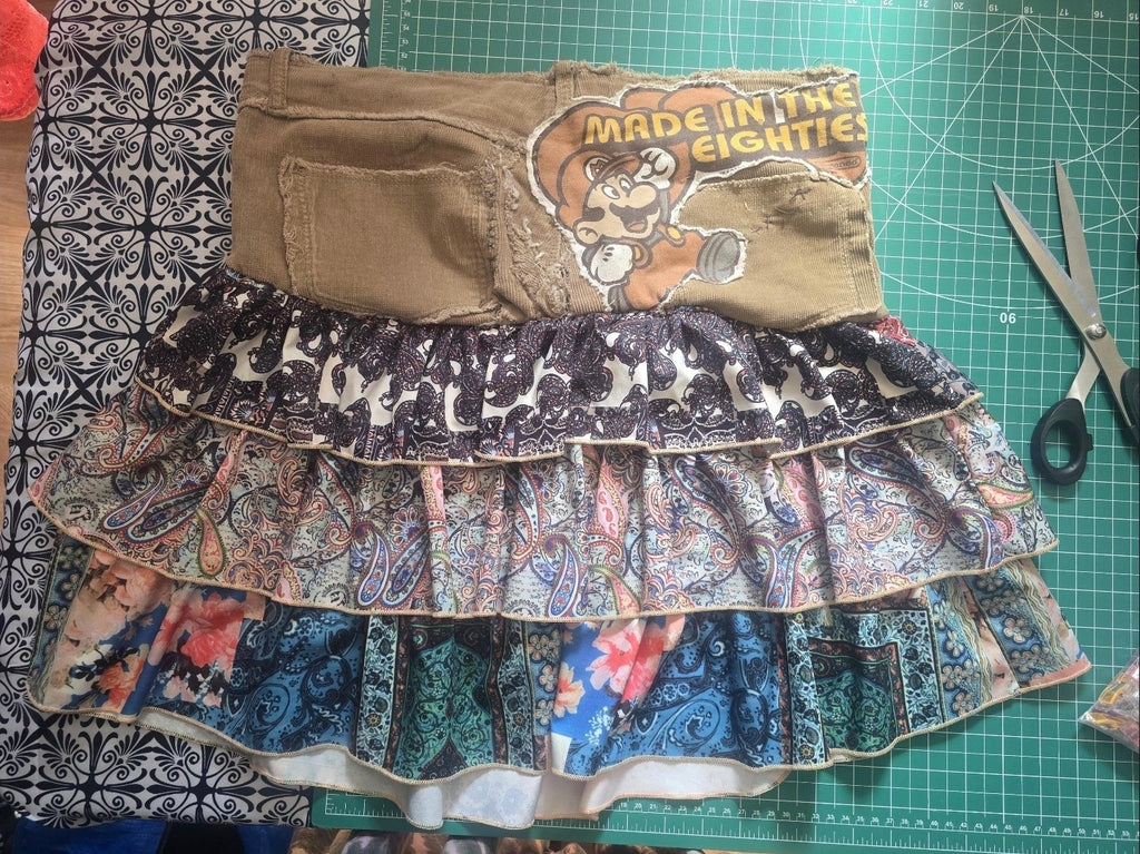 Remixed Resale Handmade Upcycled Retro Gamer Ruffle Mini Skirt