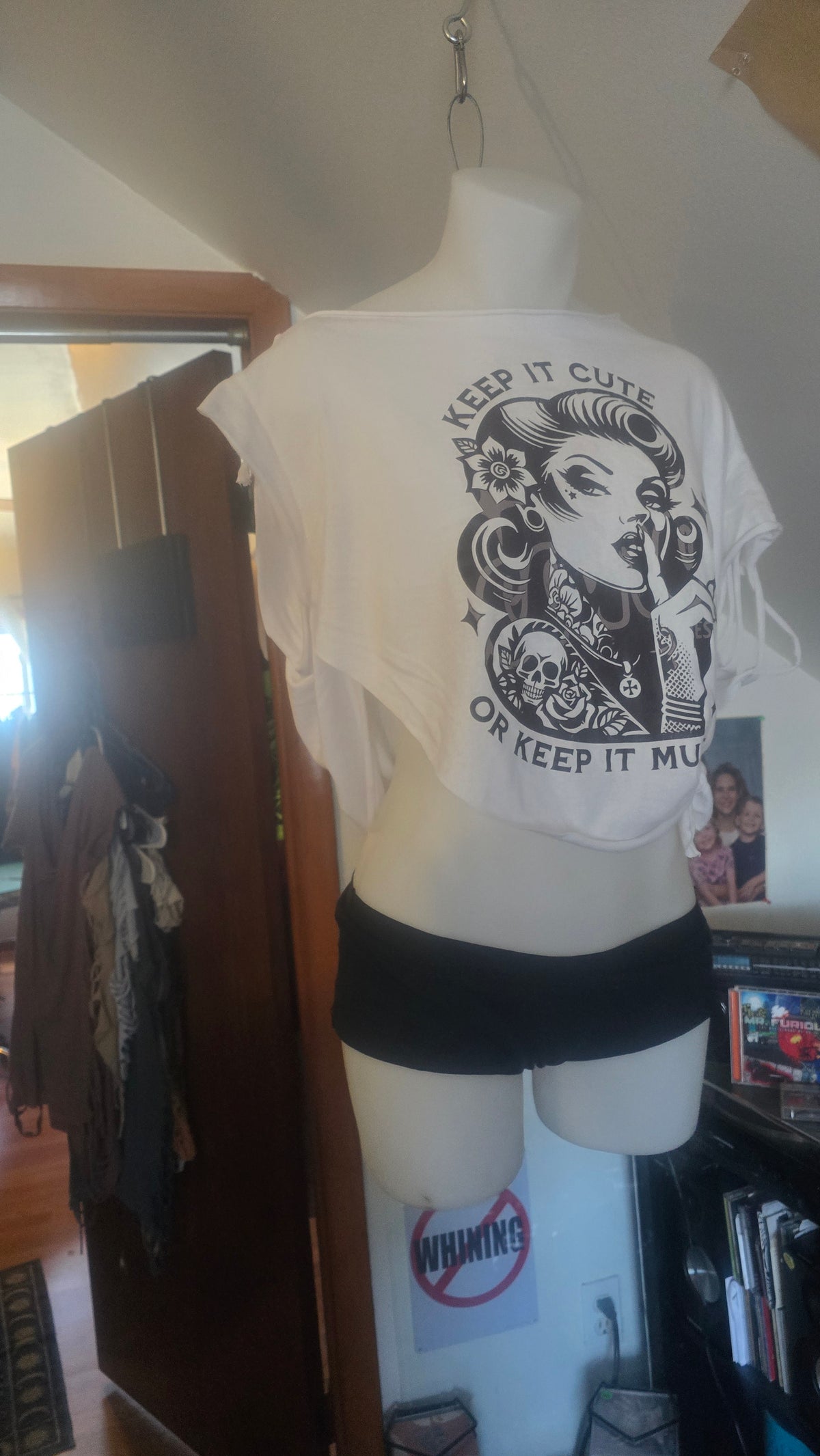 SOLD** Keep It Cute or Keep It Mute Tattoo Pin-Up Crop Tee | Handmade Upcycled Off-Shoulder Rockabilly Top | One-of-One