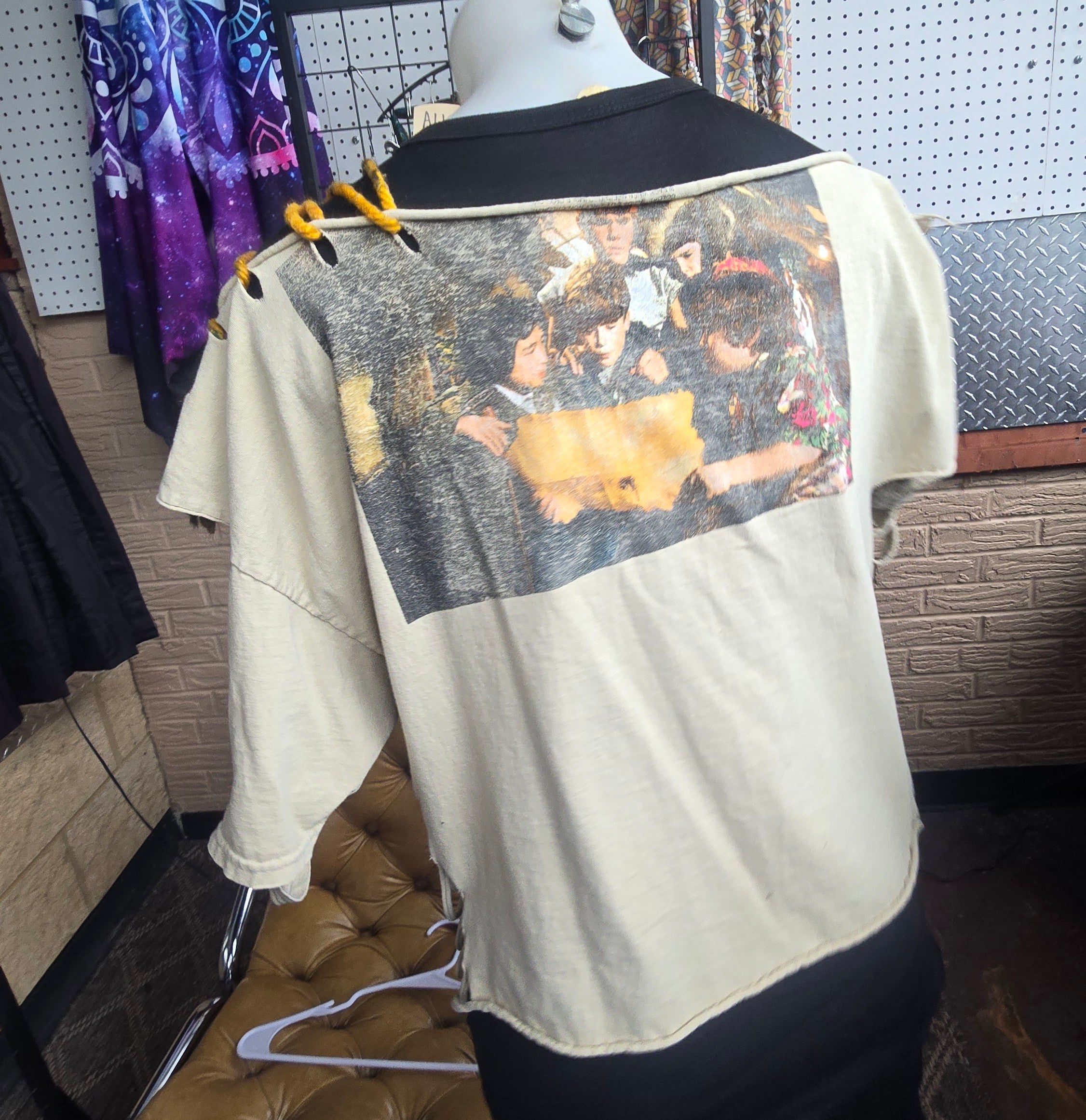 The Goonies Upcycled Off-Shoulder Graphic Tee | One-of-a-Kind Distressed Movie Shirt | Piratecore Grunge Top