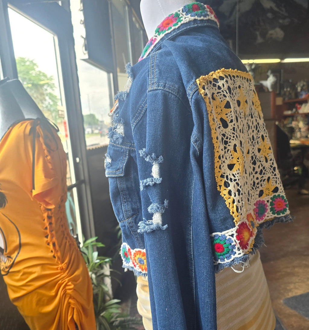 SOLD!!! One-of-One Upcycled Crochet Denim Jacket | Handmade Boho Festival Jacket | XL–2X