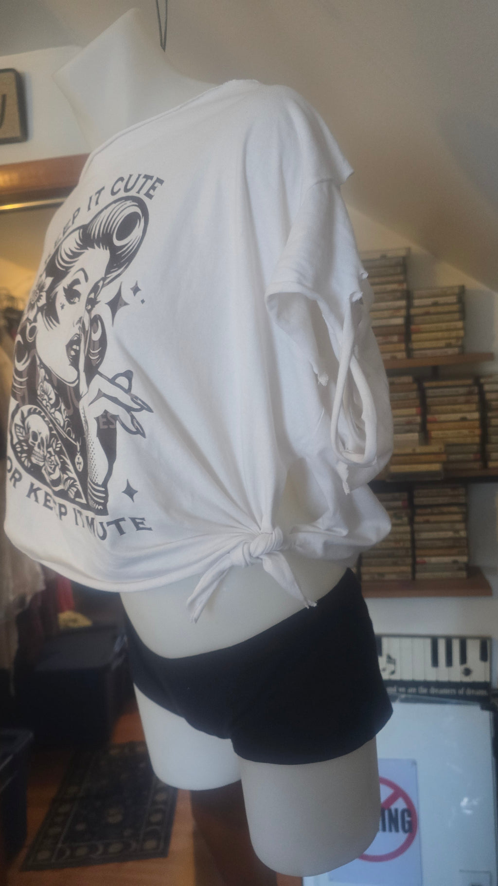 SOLD** Keep It Cute or Keep It Mute Tattoo Pin-Up Crop Tee | Handmade Upcycled Off-Shoulder Rockabilly Top | One-of-One