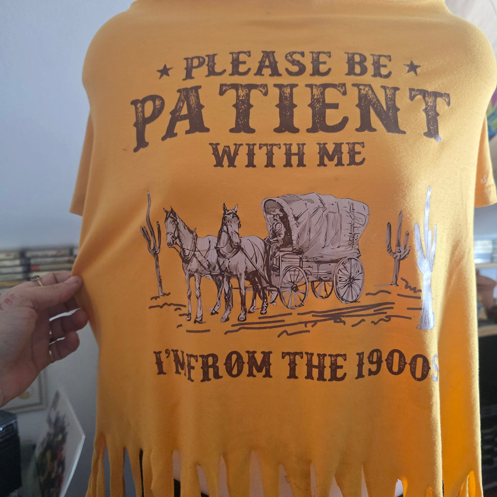 Please Be Patient With Me I'm From the 1900s Fringe Tee | Handmade Upcycled Off-Shoulder Graphic Top | XL–2X