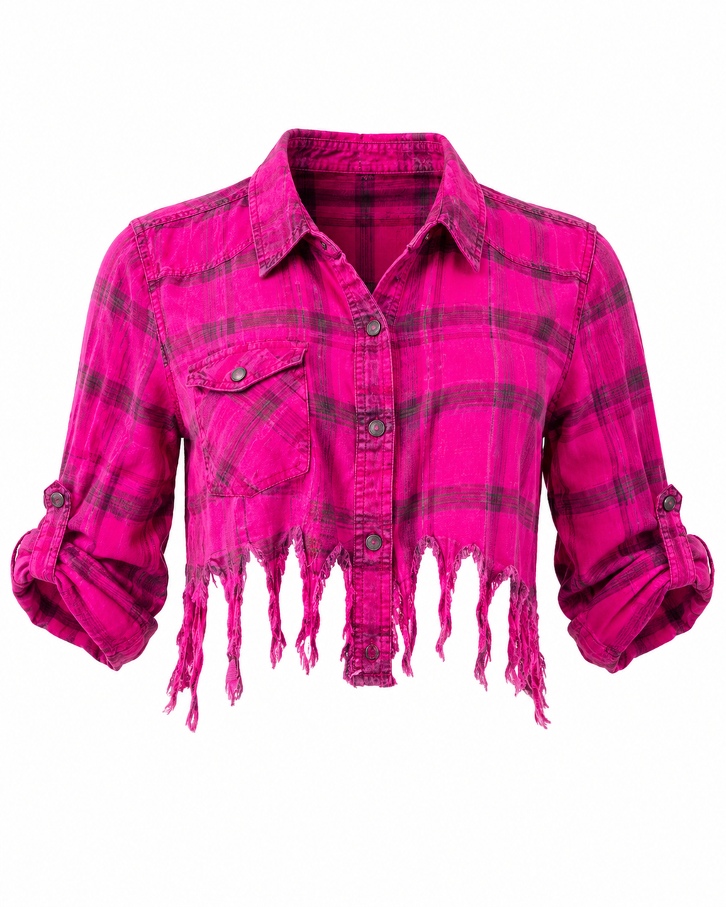 Hot Pink Distressed Plaid Cropped Flannel | One-of-One Upcycled Festival Layering Shirt