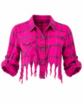 Hot Pink Distressed Plaid Cropped Flannel | One-of-One Upcycled Festival Layering Shirt