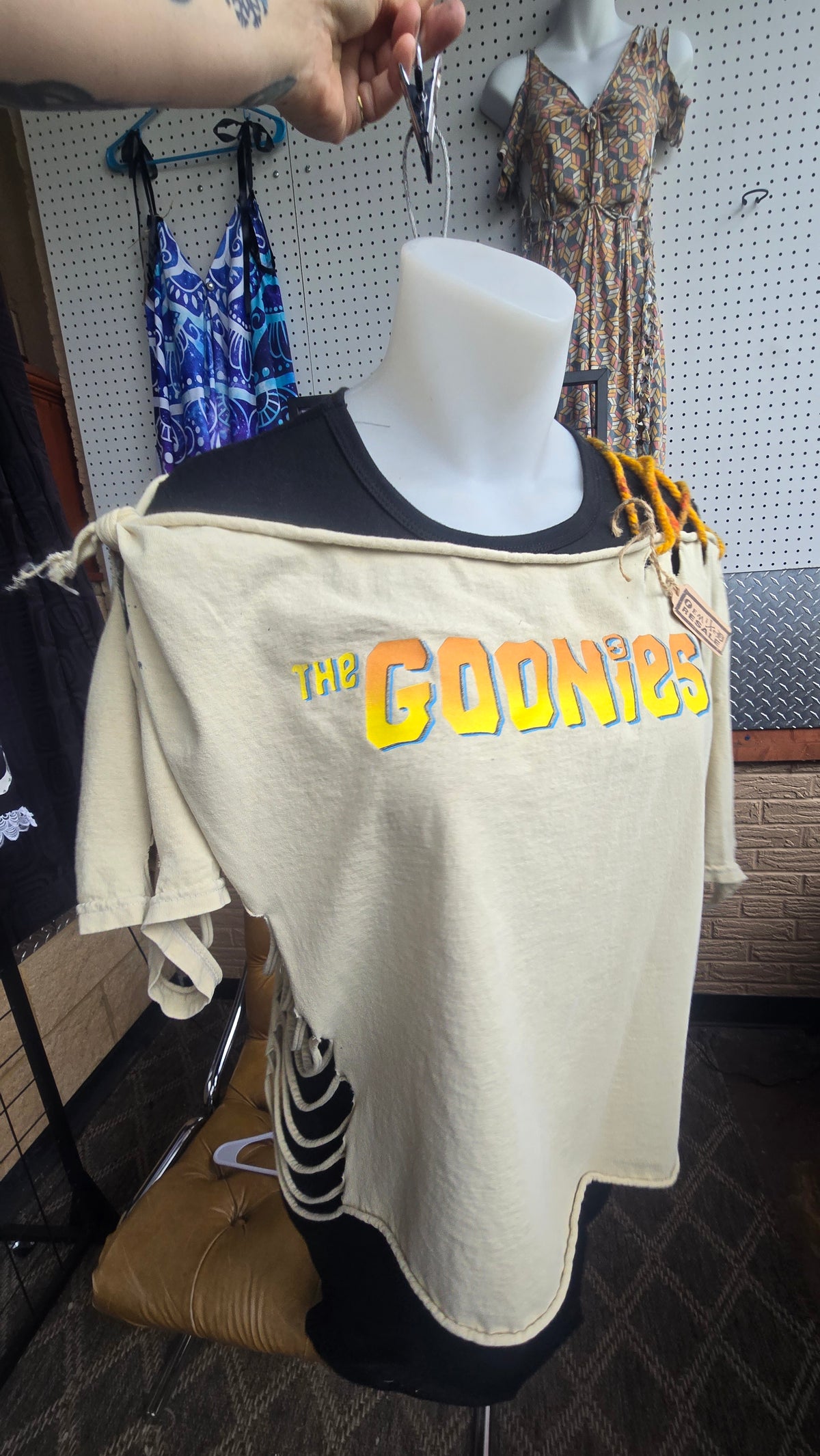 The Goonies Upcycled Off-Shoulder Graphic Tee | One-of-a-Kind Distressed Movie Shirt | Piratecore Grunge Top