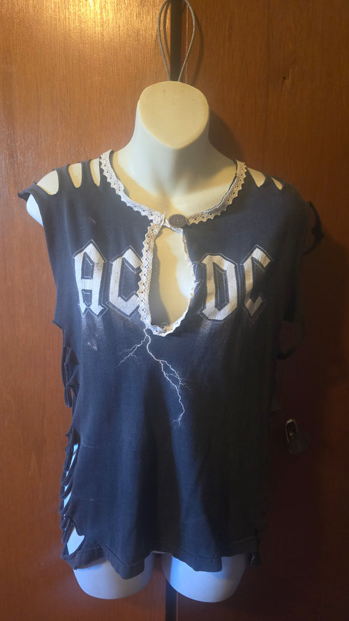 AC/DC Lace-Up Reconstructed Tank | One-of-a-Kind Upcycled Band Tee | Women's Large–XL