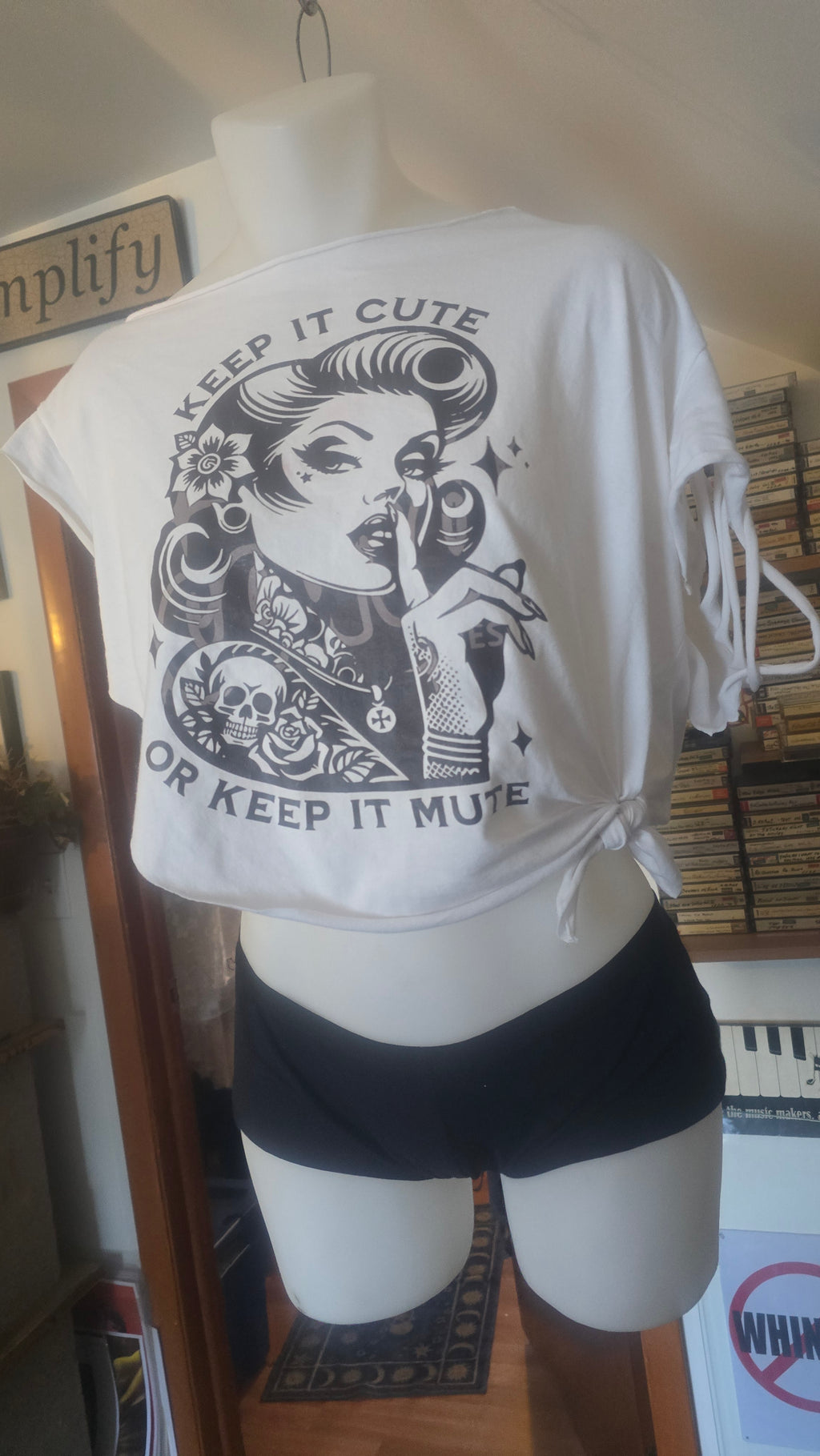 SOLD** Keep It Cute or Keep It Mute Tattoo Pin-Up Crop Tee | Handmade Upcycled Off-Shoulder Rockabilly Top | One-of-One