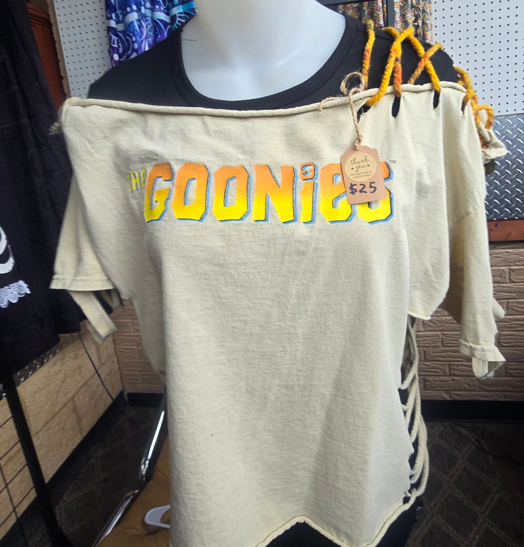 The Goonies Upcycled Off-Shoulder Graphic Tee | One-of-a-Kind Distressed Movie Shirt | Piratecore Grunge Top