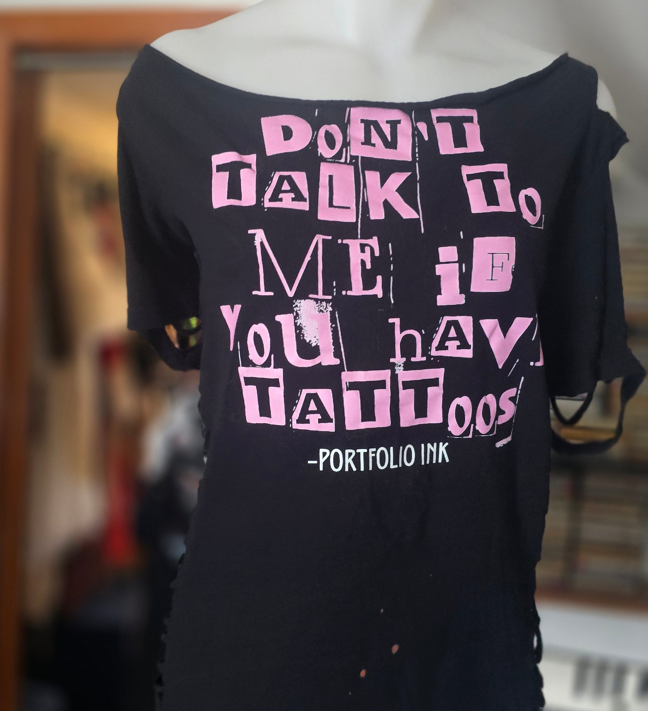 Don't Talk to Me If You Have Tattoos Tee | Upcycled Off-Shoulder Punk Graphic Shirt | XL–2X
