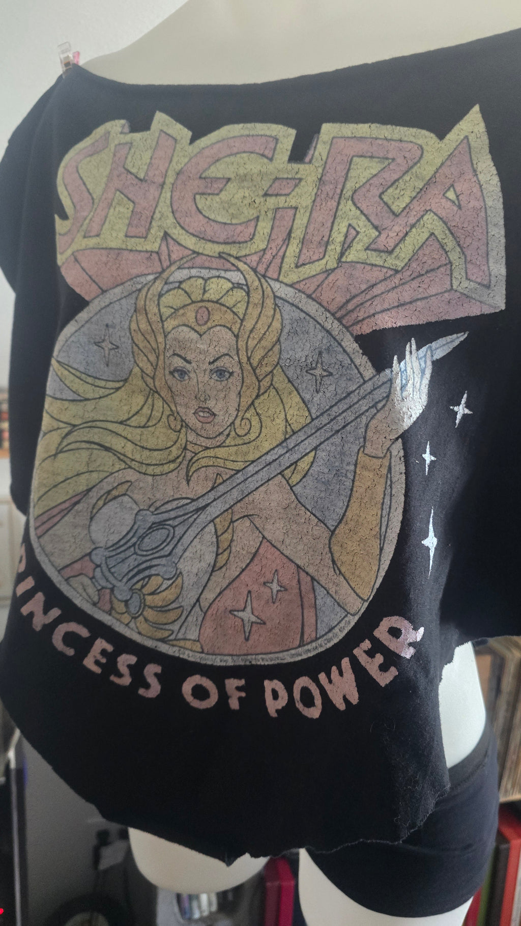 She-Ra Princess of Power Upcycled Off-Shoulder Crop Top | Vintage Graphic Tee | Handmade One-of-One XL–2X