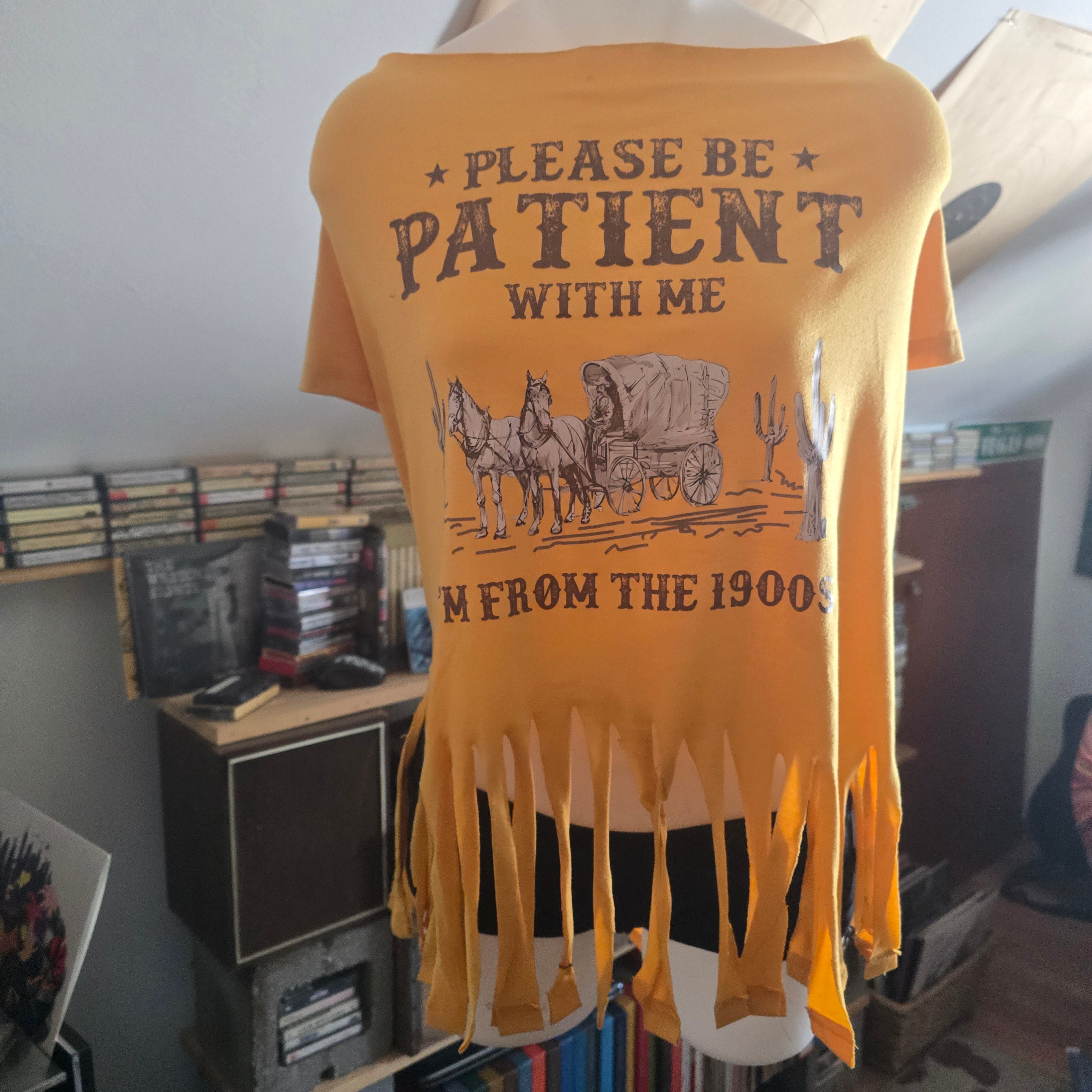 Please Be Patient With Me I'm From the 1900s Fringe Tee | Handmade Upcycled Off-Shoulder Graphic Top | XL–2X